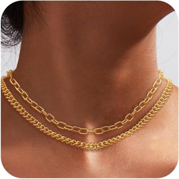 14K Gold Chain Plated Paperclip & Cuban Link Layered Choker Necklace - Trendy - Picture 9 of 9